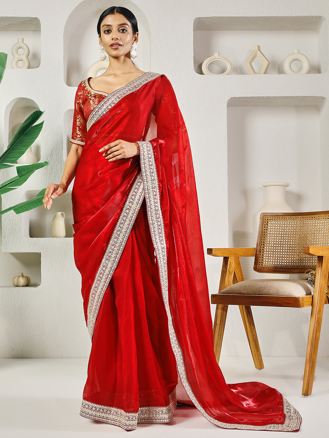 Fab Fashion Red Solid Ready to Wear Saree With Blouse - Distacart