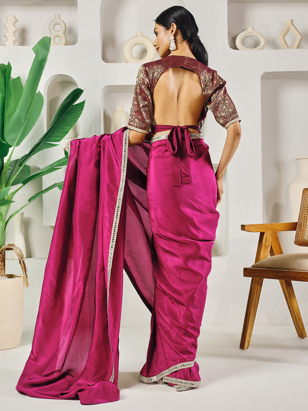 Fab Fashion Dark Purple Solid Ready to Wear Saree With Blouse - Distacart