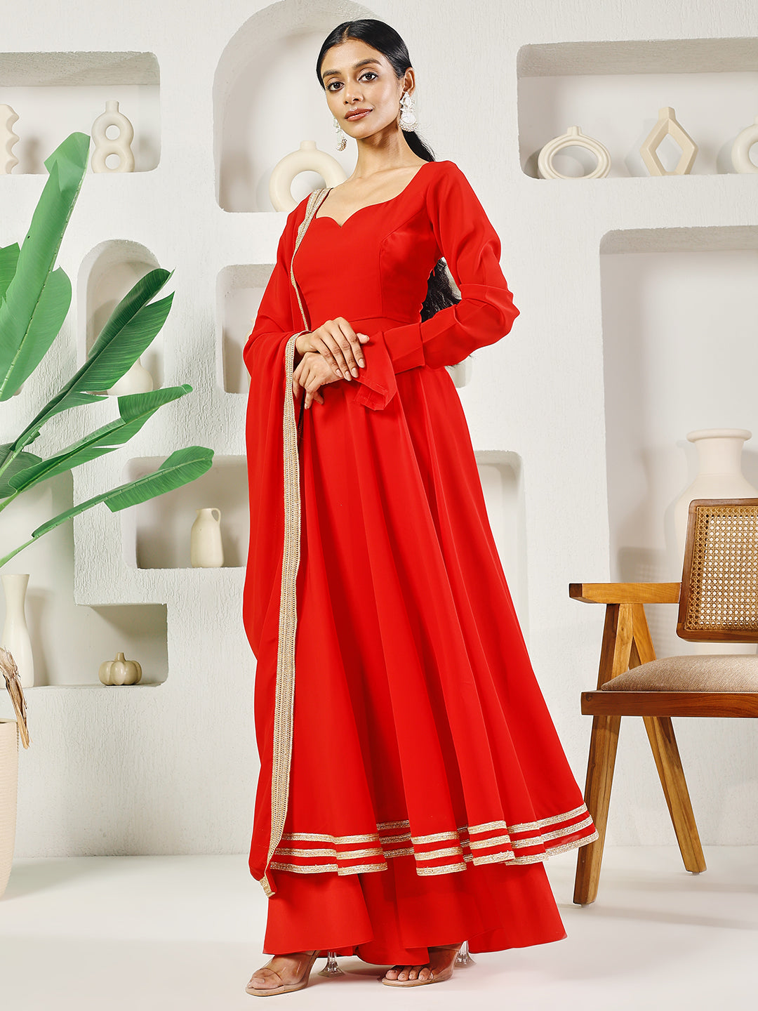 Fab Fashion Red Solid Anarkali Set