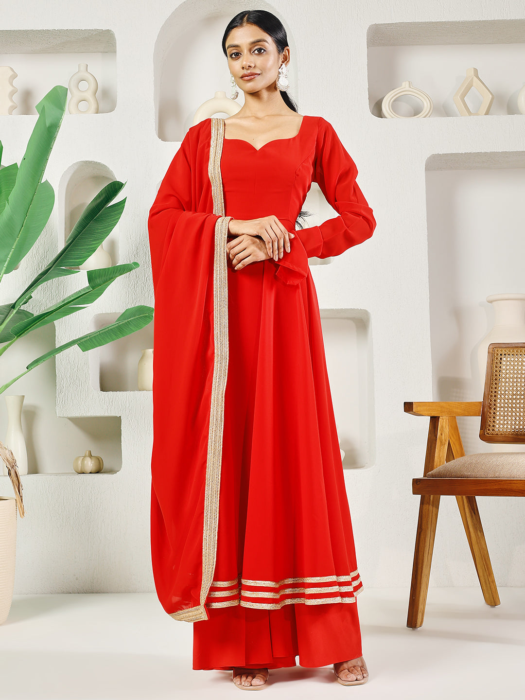 Fab Fashion Red Solid Anarkali Set