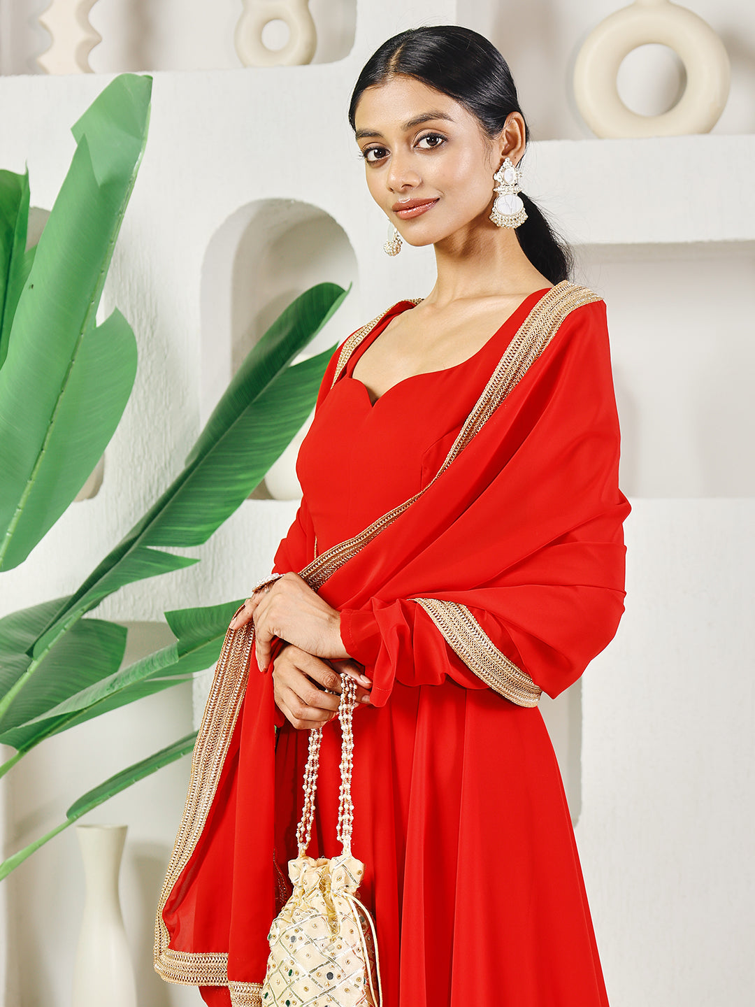 Fab Fashion Red Solid Anarkali Set