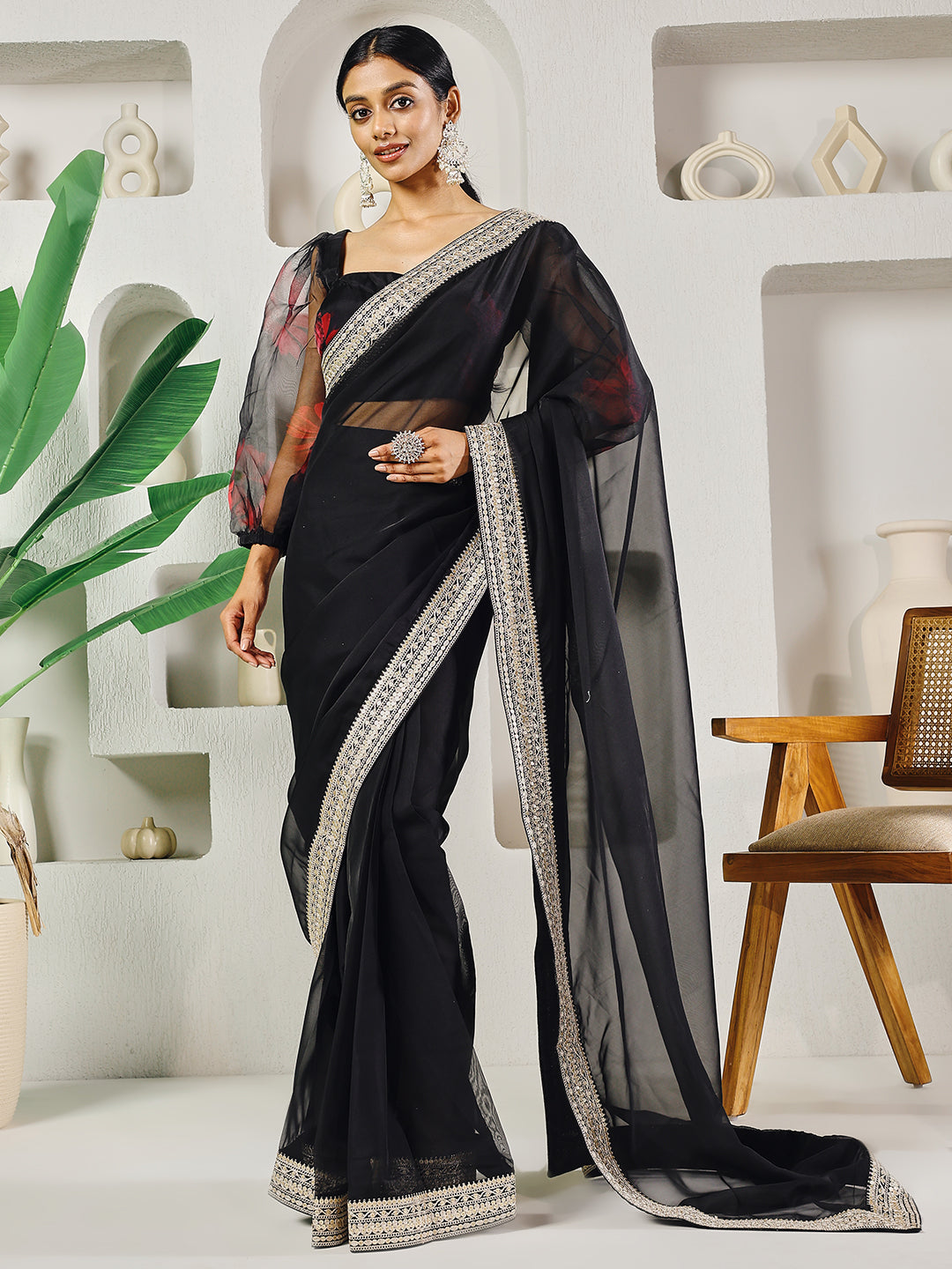 Fab Fashion Black Organza Ready to Wear Saree with Blouse - Distacart