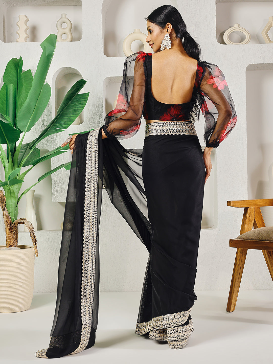 Fab Fashion Black Organza Ready to Wear Saree with Blouse - Distacart
