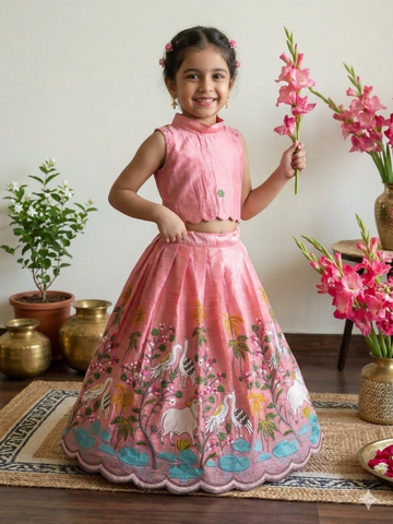 Teeya Creation New Girls Blush Pink Pichwai Embroidered Lehenga Choli Set-Pink - Dista