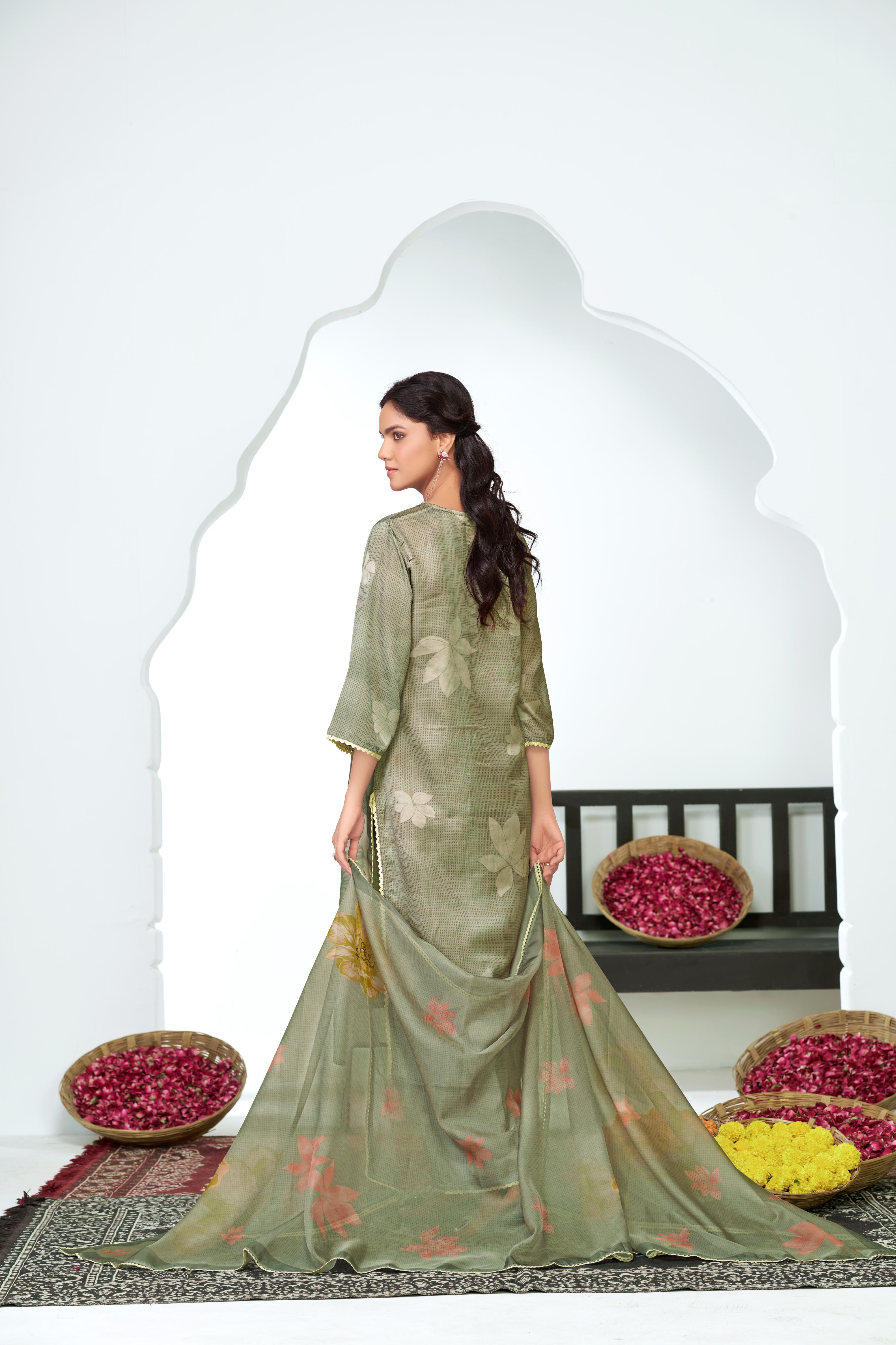 BulBul Farida Grey Silk Kurta Set with Dupatta