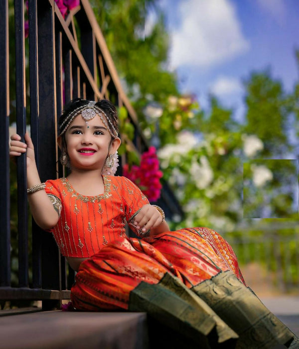 Jyoti Fashion Gorgeous Orange Pure Kota Silk Print with Zari Woven Kids Lehenga Choli Set - Distacart