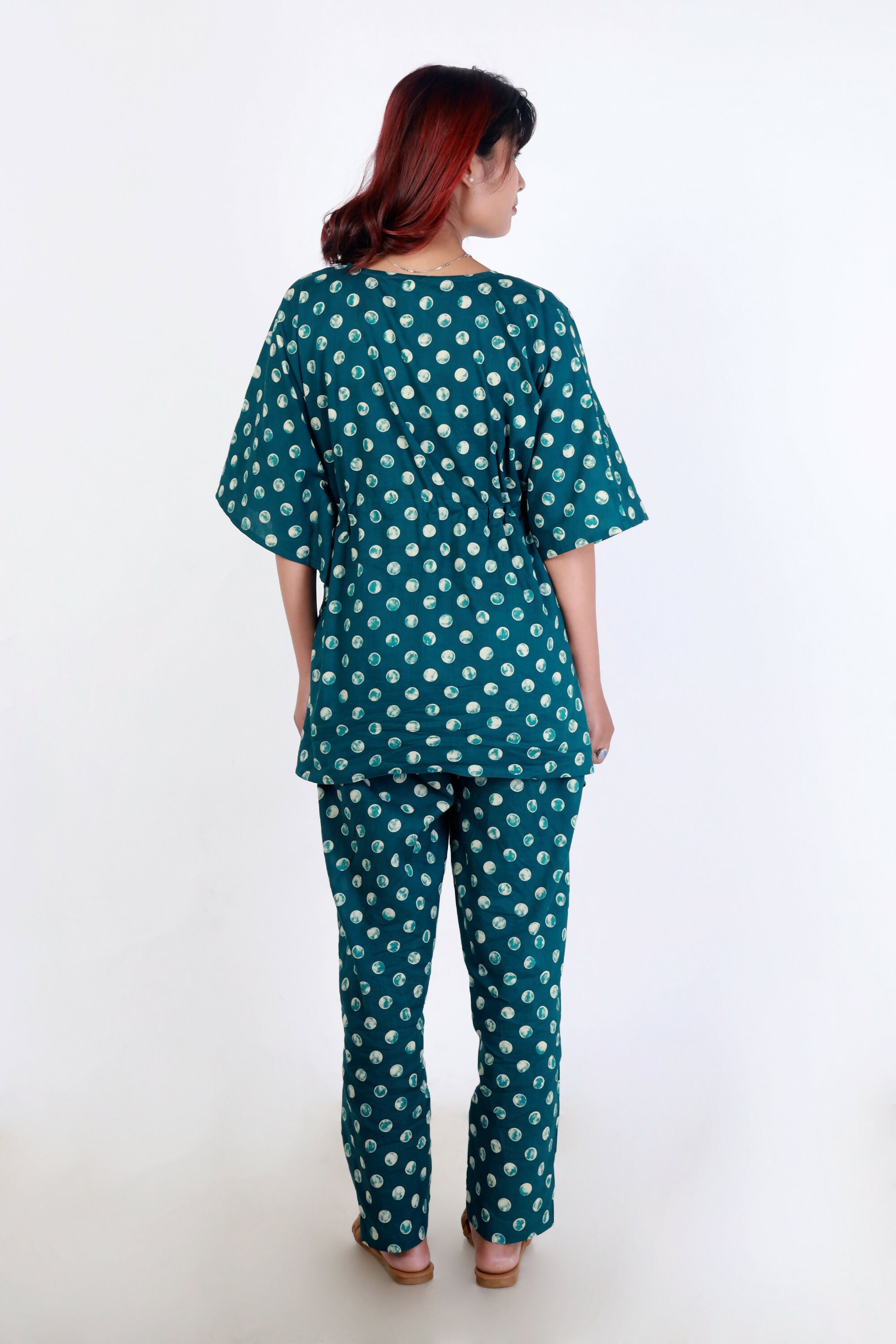 Breathables Green Polka Cotton Kaftan Co-Ord Set - Dista