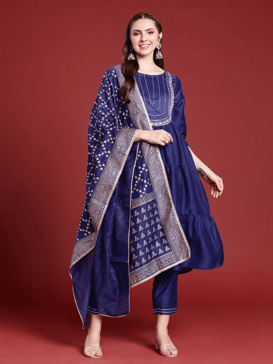 Anouk Floral Yoke Design Tiered Gotta Patti A-Line Kurta With Trousers & With Dupatta - Distacart