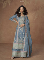 Thumbnail for Anaita Sky-Blue Chinon Readymade Palazzo Suit with Embroidery Sequence Work - Distacart