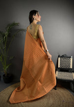 Thumbnail for Joban Fashion Orange Banarasi Soft Lichi Silk Checks & Woven Saree