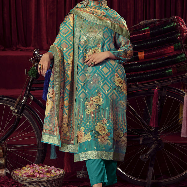 Jyoti Fashion Women's Turquiose Organza Jacquard Woven Kurta with Trouser & Dupatta - Distacart