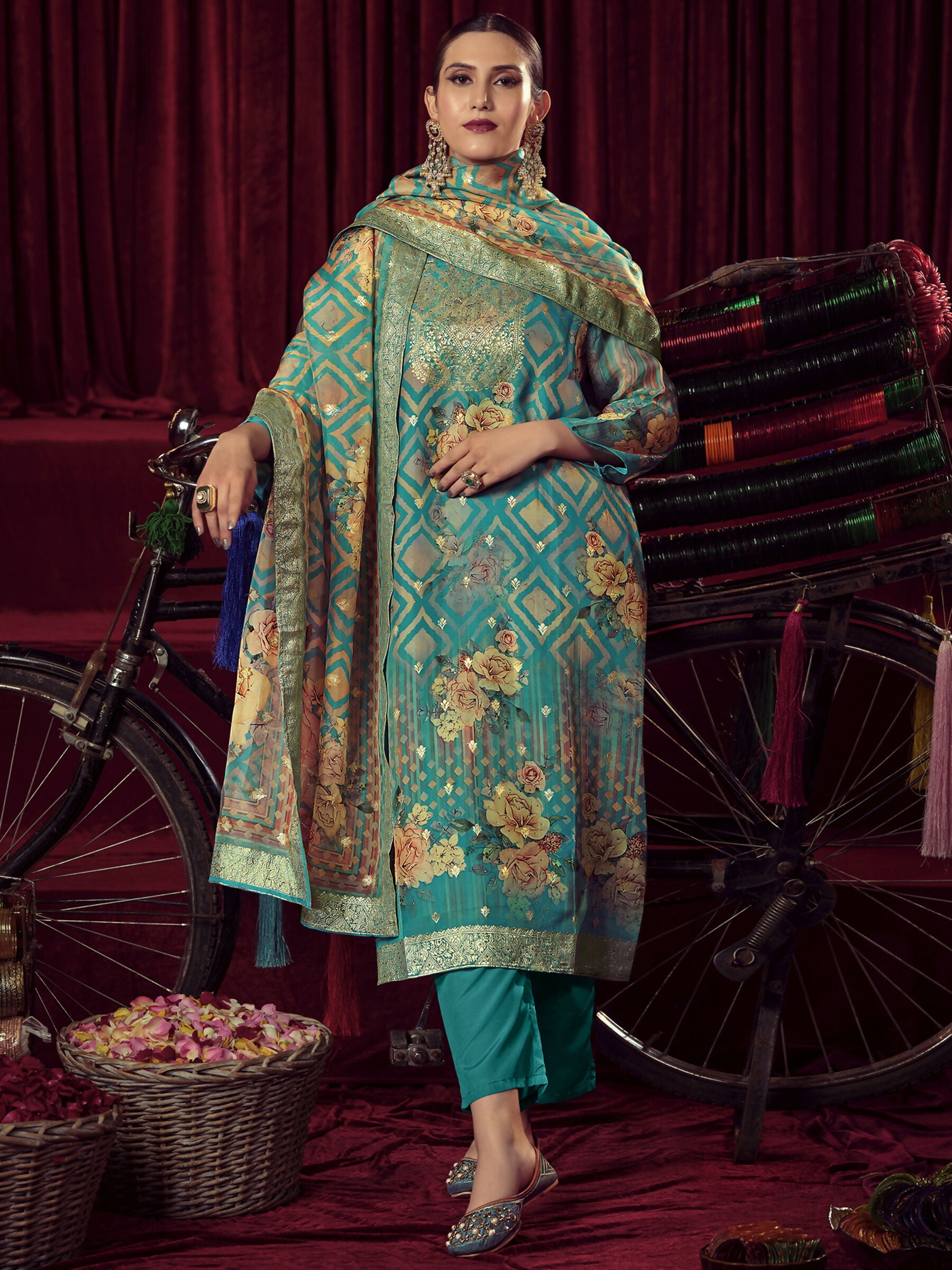 Jyoti Fashion Women's Turquiose Organza Jacquard Woven Kurta with Trouser & Dupatta - Distacart
