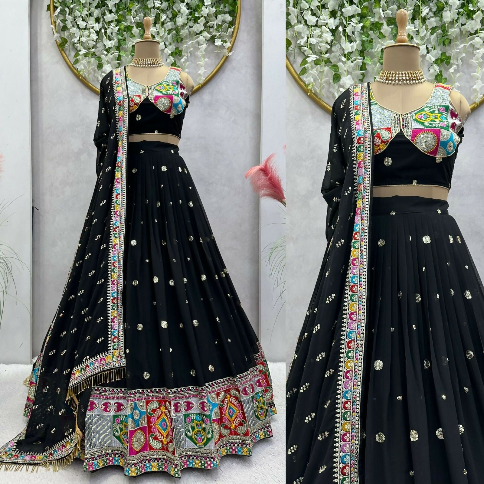 Preksha Creation Black Foux Georgette With Thread With 9Mm Sequence Women Lehenga Choli - Distacart