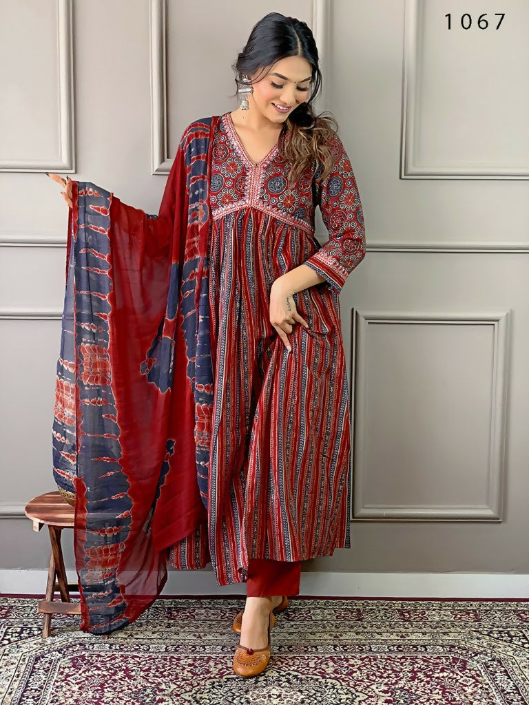 Partywear Designer Cotton Maroon Stitched Suit With Dupatta - Tanisha - Distacart