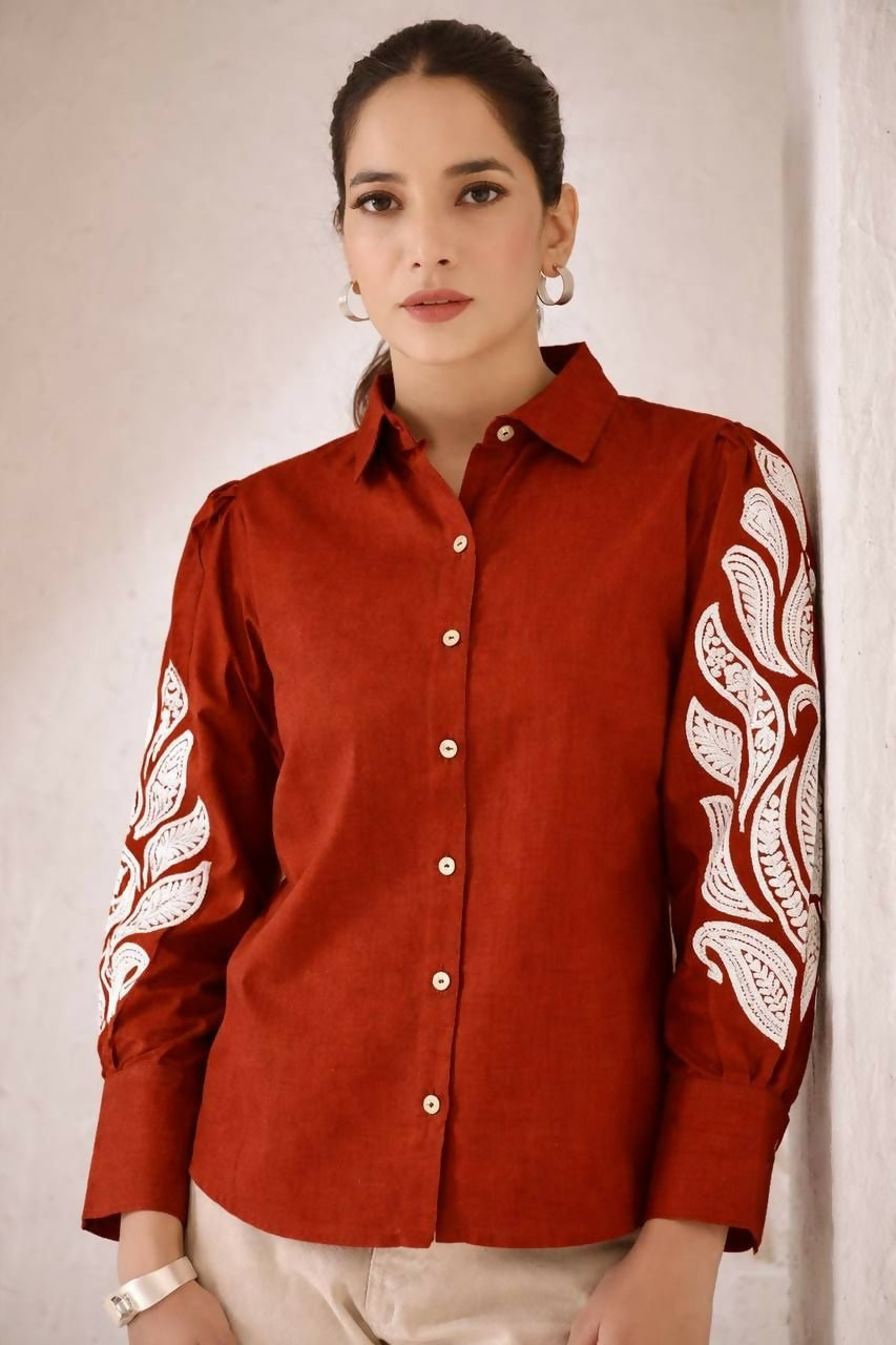 Teeya Creation Women Trendy Rust Cotton Button-Down Top with White Contrast Embroidered Sleeves - Dista