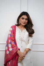 Thumbnail for The52 Off White Beautiful Embroidered Viscose Chanderi Fabric Straight Kurta Pant with Dupatta Set - Distacart