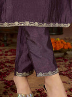 Thumbnail for The52 Wine Women's Gorgeous Vichitra Fabric Embroidered Work Straight Kurta Pant and Dupatta Set - Distacart