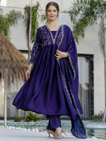 Thumbnail for The52 Blue Women's Beautiful Embroidered Vichitra Silk Fabric with Flared Kurta, Pant and Dupatta Set - Distacart