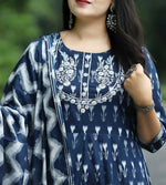 Thumbnail for Alvano Anarkali Kurti with Pant and Dupatta set for Women and Girls Printed Cotton (Blue) - Distacart