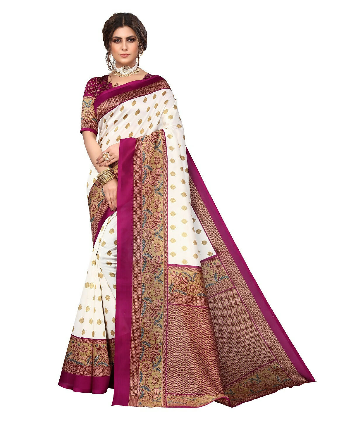 Vamika white & purple Printed Art Silk Saree - Distacart