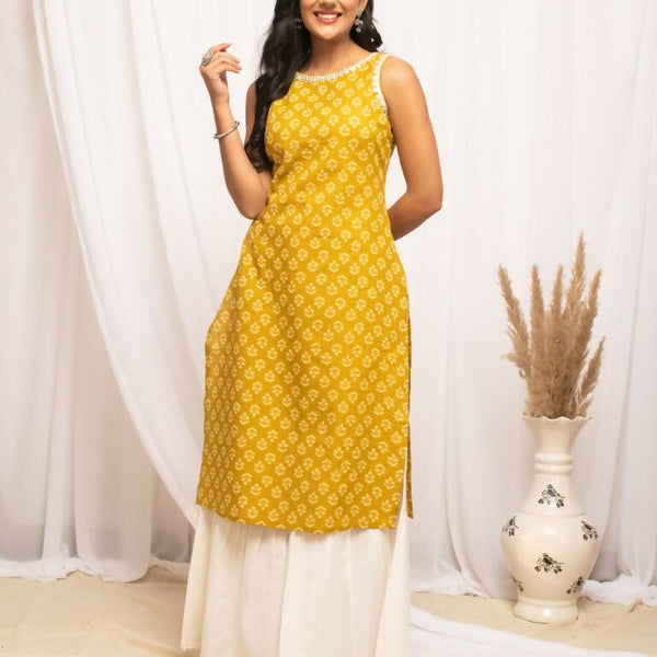 FIORRA Women's Floral Printed Yellow Cotton Straight Kurta - Distacart