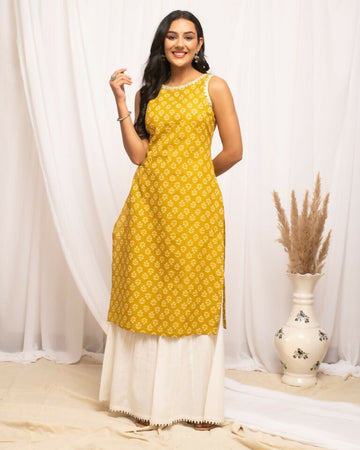 FIORRA Women's Floral Printed Yellow Cotton Straight Kurta - Distacart