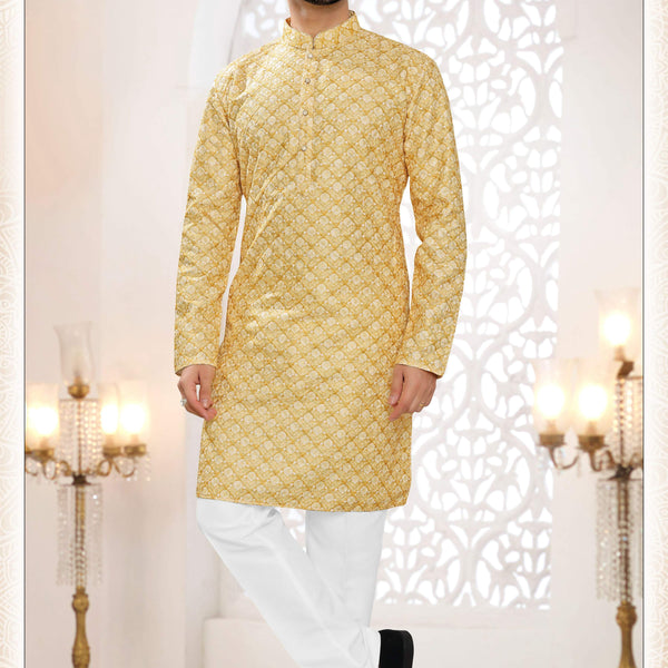 Joban Fashion Men's Yellow Straight Silk Thread Embroidery All Over Kurta Set - Distacart