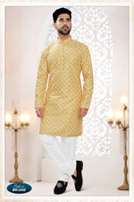 Thumbnail for Joban Fashion Men's Yellow Straight Silk Thread Embroidery All Over Kurta Set - Distacart