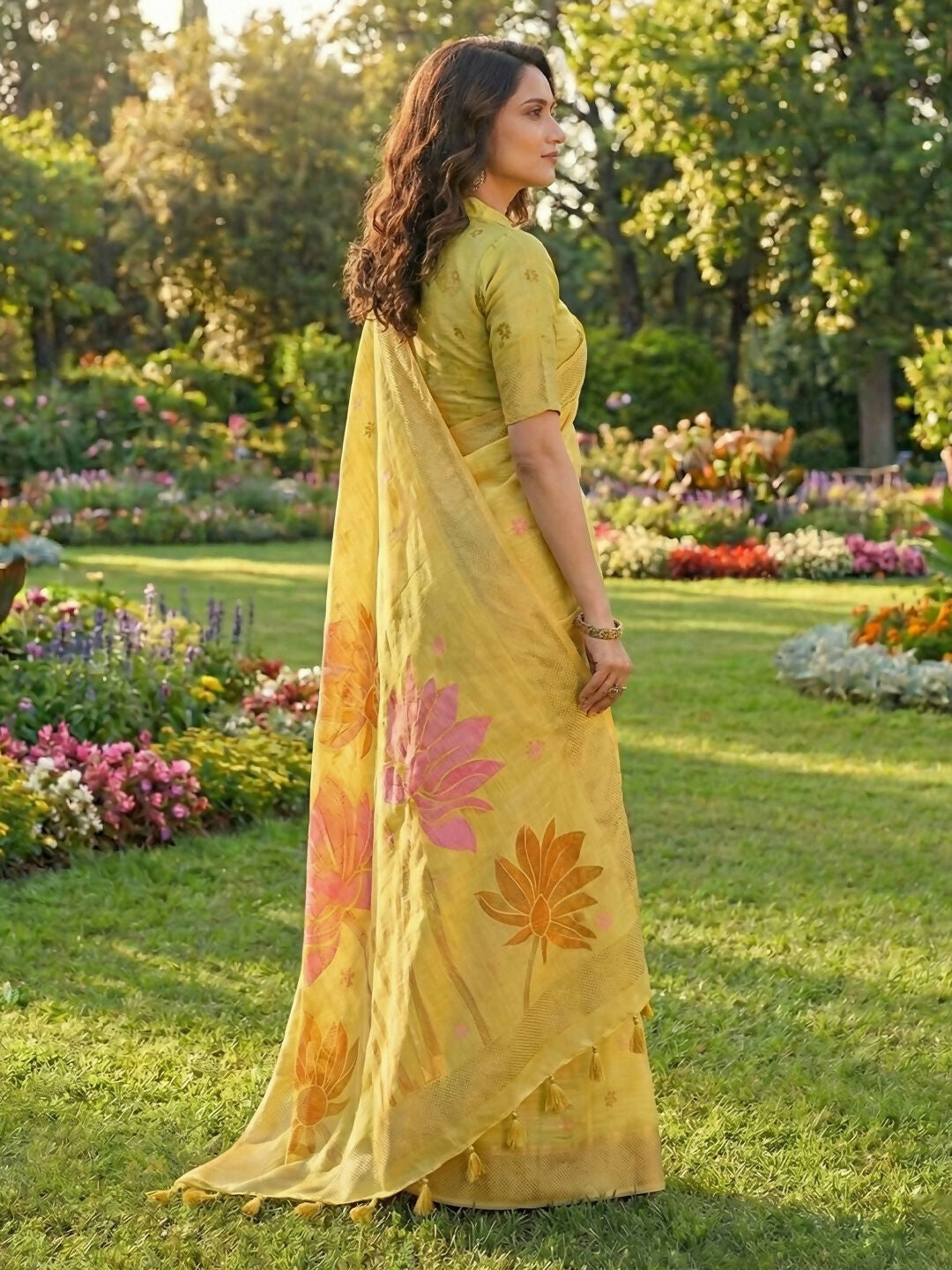 Shree Shyam Fashion Yellow Linen Cotton Saree - Distacart