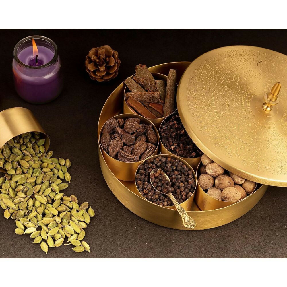 Akshata 06 Hand Etched Brass Spice Box Set for Kitchen with Spoon (7 Containers) - Distacart