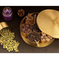 Thumbnail for Akshata 06 Hand Etched Brass Spice Box Set for Kitchen with Spoon (7 Containers) - Distacart