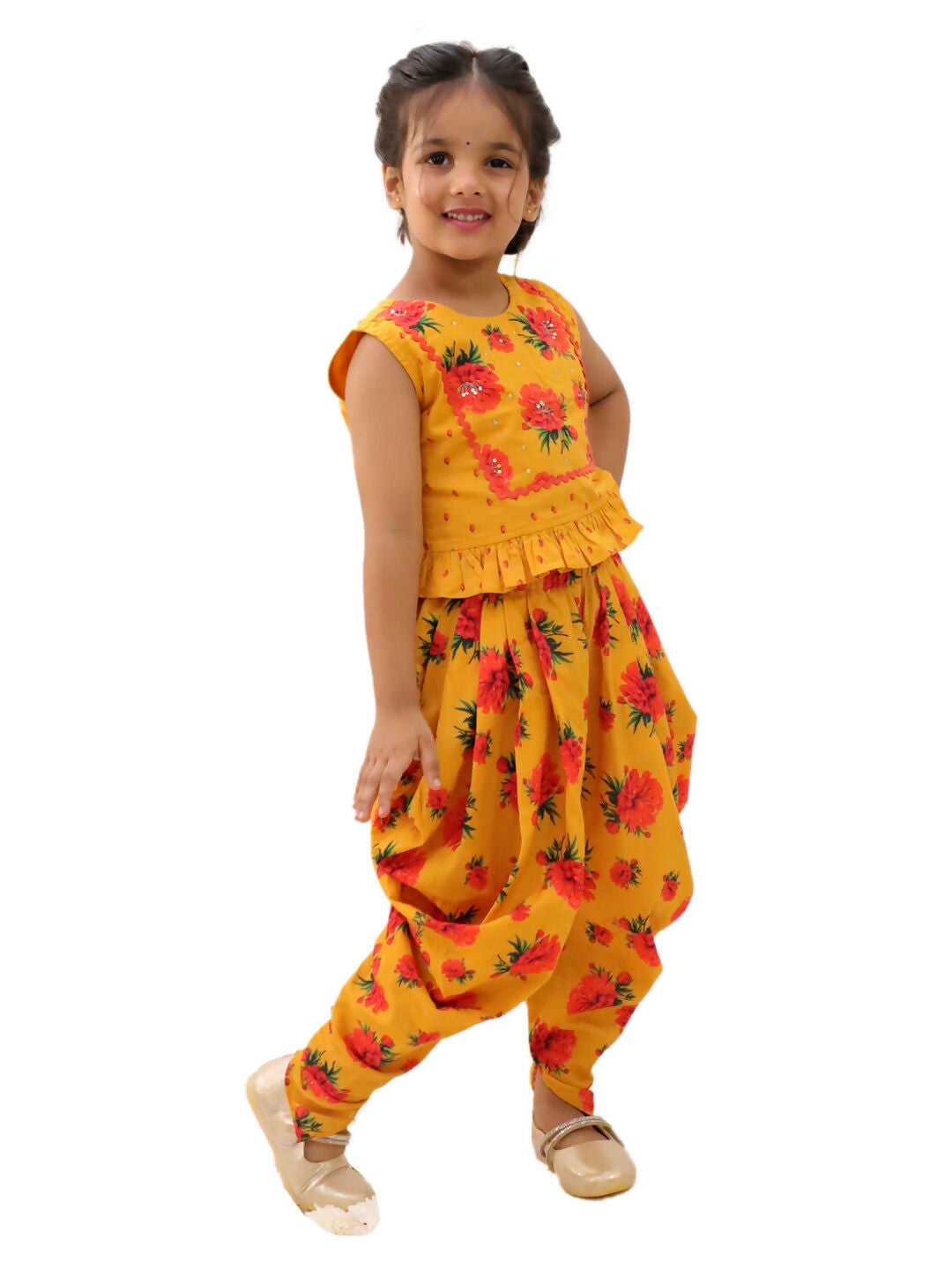 Lil Drama Genda Phool Mustard Crop Top and Dhoti Set For Girls
