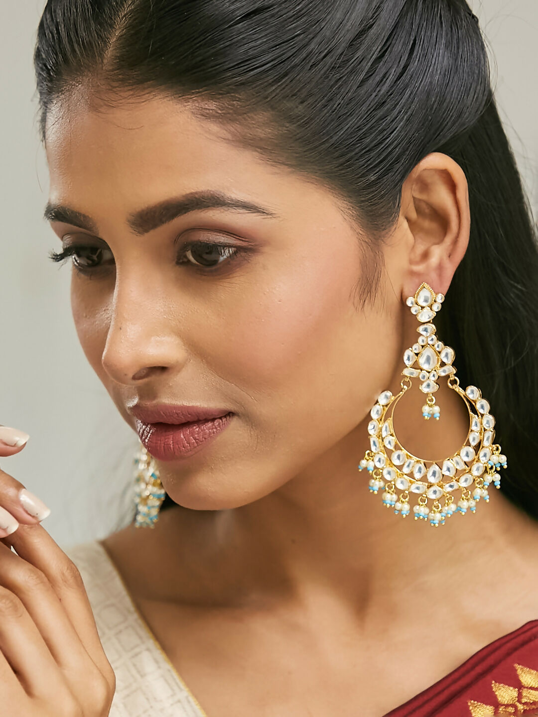Nuyug 22K Gold-Plated Kundan Stone Studded & Pearl Beaded Chandbalis