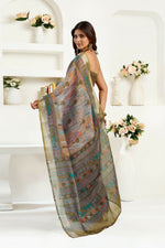 Thumbnail for Joban Fashion Dusty Green Floral & Ethnic Motifs Linen Ready To Wear Saree With Unstitched Blouse - Distacart