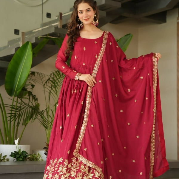 Teeya Creation Maroon Color Chinon Silk Party Wear Long Gown - Distacart
