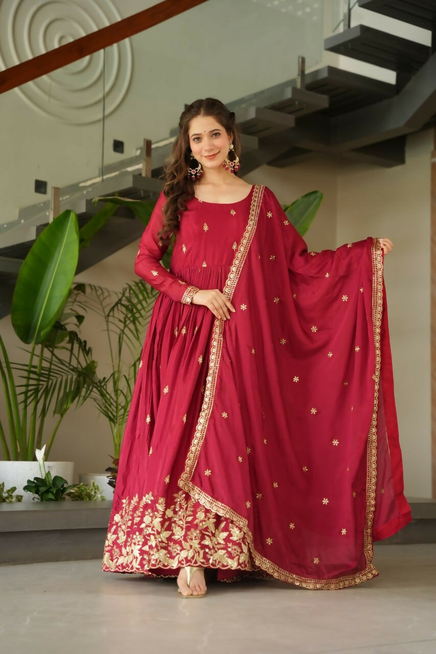 Teeya Creation Maroon Color Chinon Silk Party Wear Long Gown
