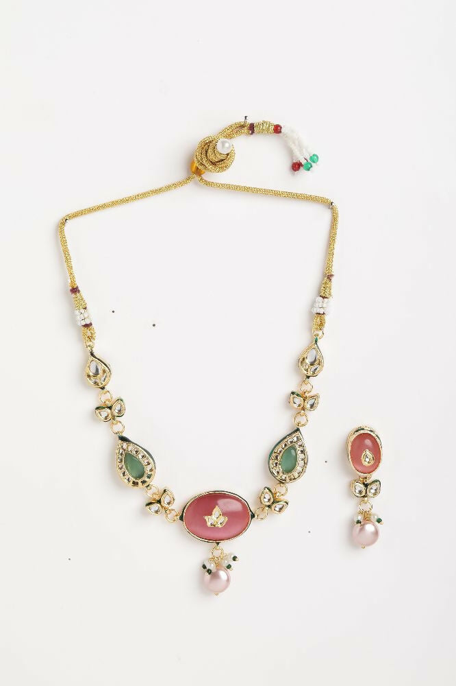 Nuyug 22K Gold Plated Radiant Rose Stone Kundan Necklace