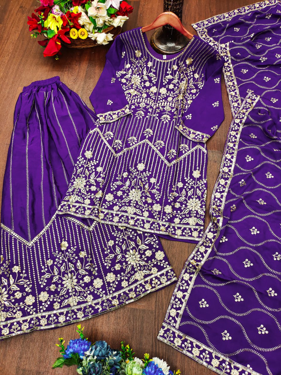 Prazu Fashion Violet Chinon Silk Sequin Embroidered Sharara Suit