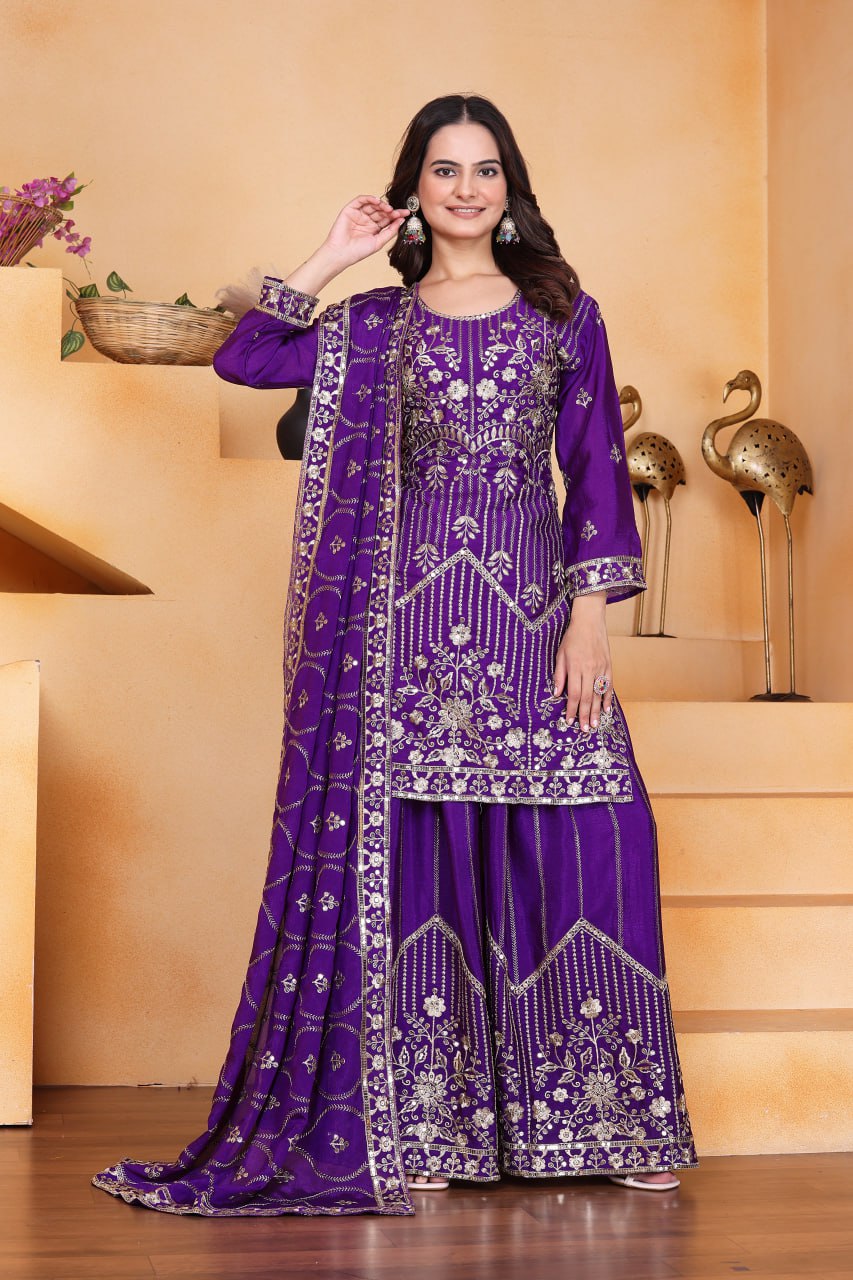 Prazu Fashion Violet Chinon Silk Sequin Embroidered Sharara Suit