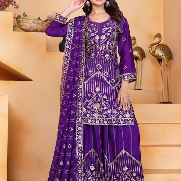 Prazu Fashion Violet Chinon Silk Sequin Embroidered Sharara Suit