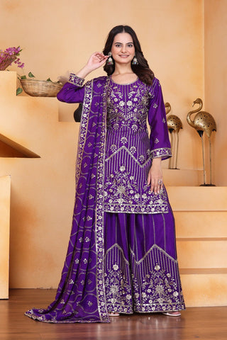 Prazu Fashion Violet Chinon Silk Sequin Embroidered Sharara Suit