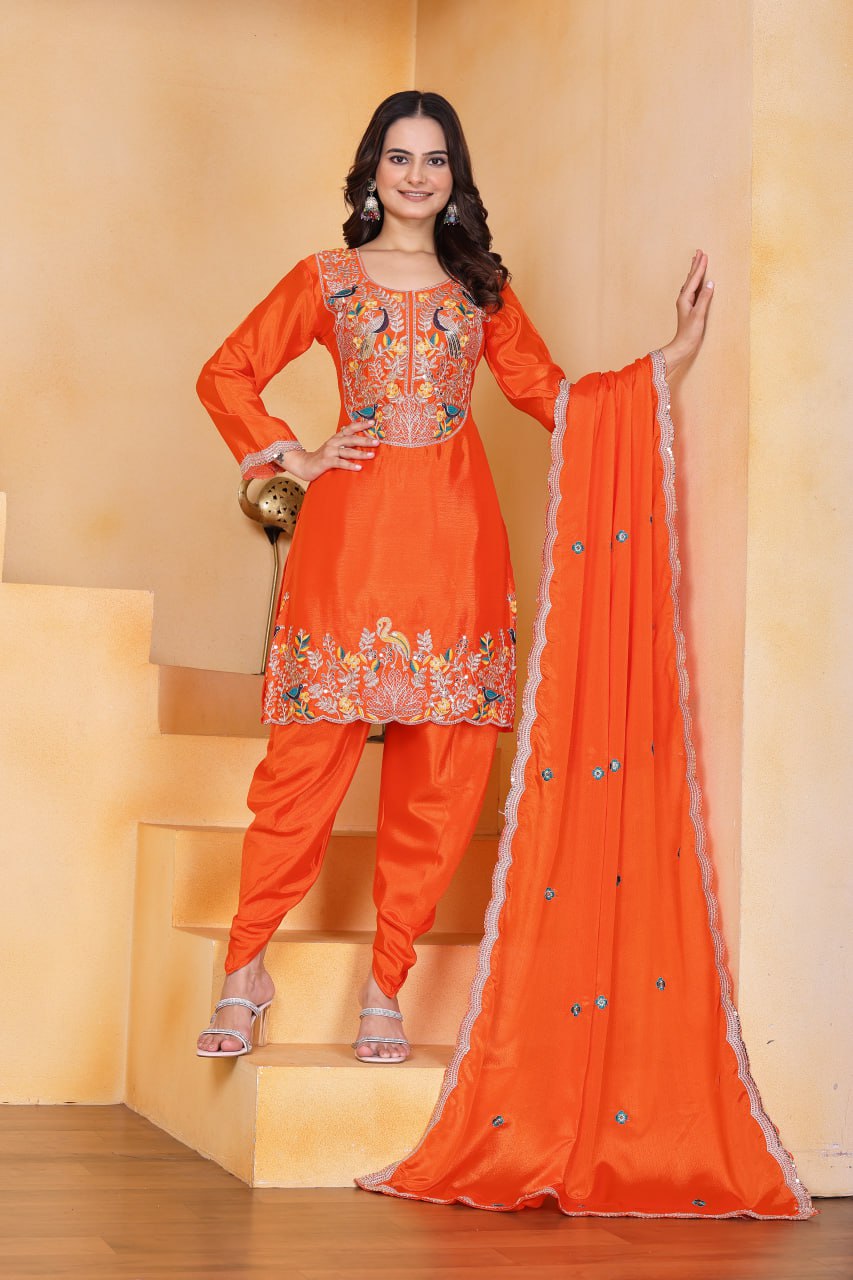 Prazu Fashion Orange Chinon Silk Embroidered Dhoti Style Suit