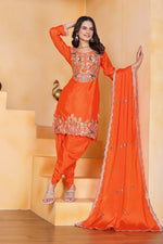Thumbnail for Prazu Fashion Orange Chinon Silk Embroidered Dhoti Style Suit