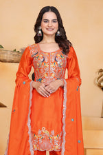 Thumbnail for Prazu Fashion Orange Chinon Silk Embroidered Dhoti Style Suit