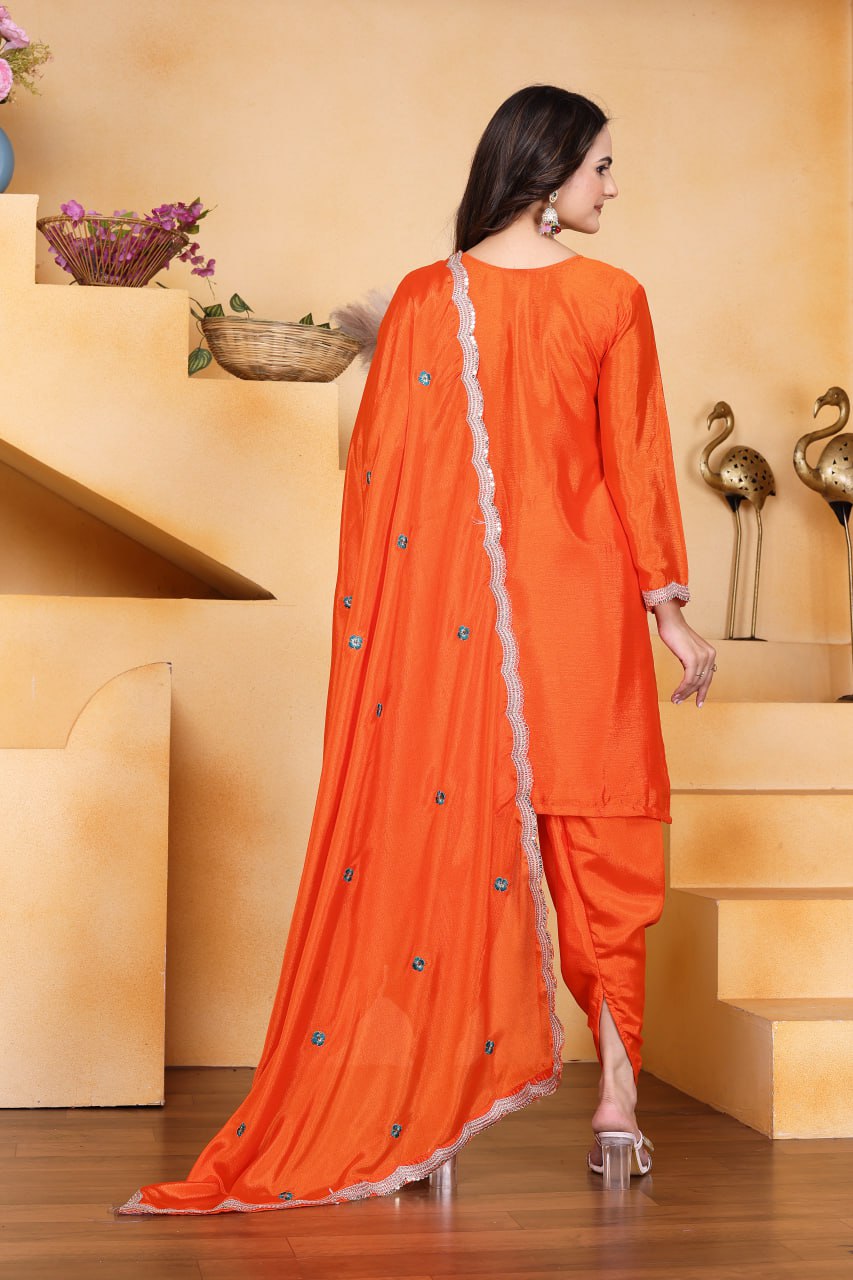 Prazu Fashion Orange Chinon Silk Embroidered Dhoti Style Suit