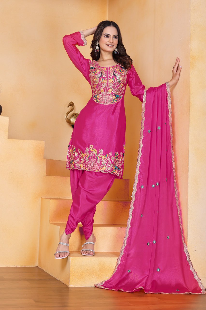 Prazu Fashion Pink Chinon Silk Embroidered Dhoti Style Suit