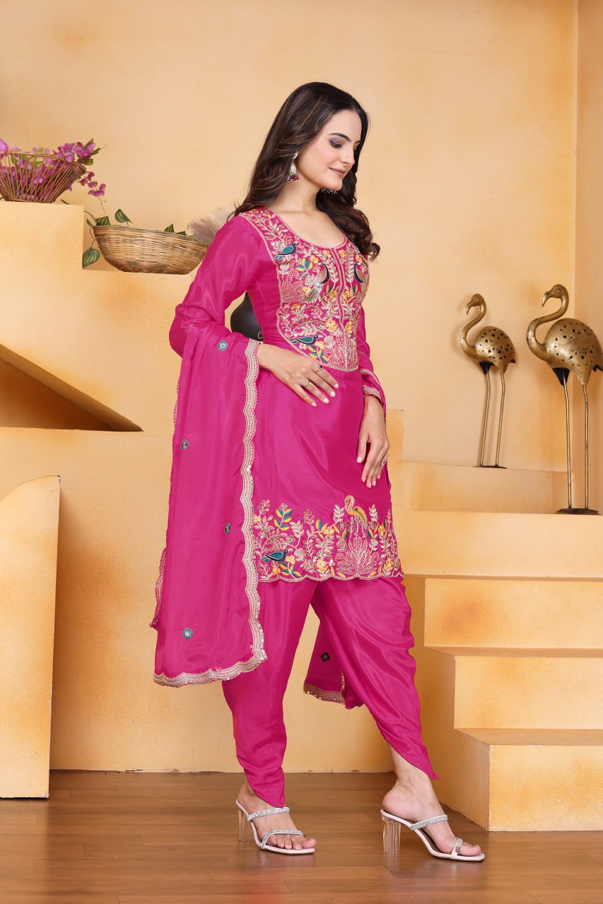 Prazu Fashion Pink Chinon Silk Embroidered Dhoti Style Suit