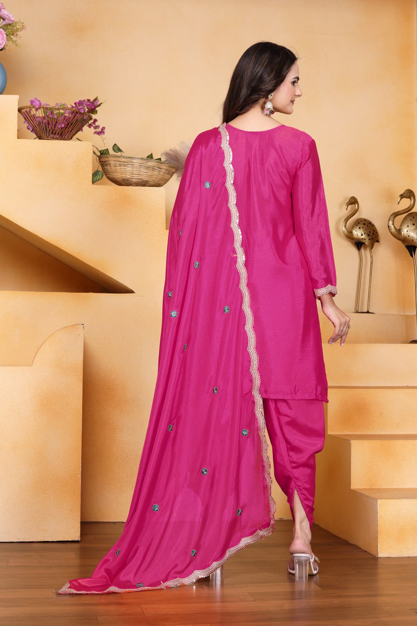 Prazu Fashion Pink Chinon Silk Embroidered Dhoti Style Suit