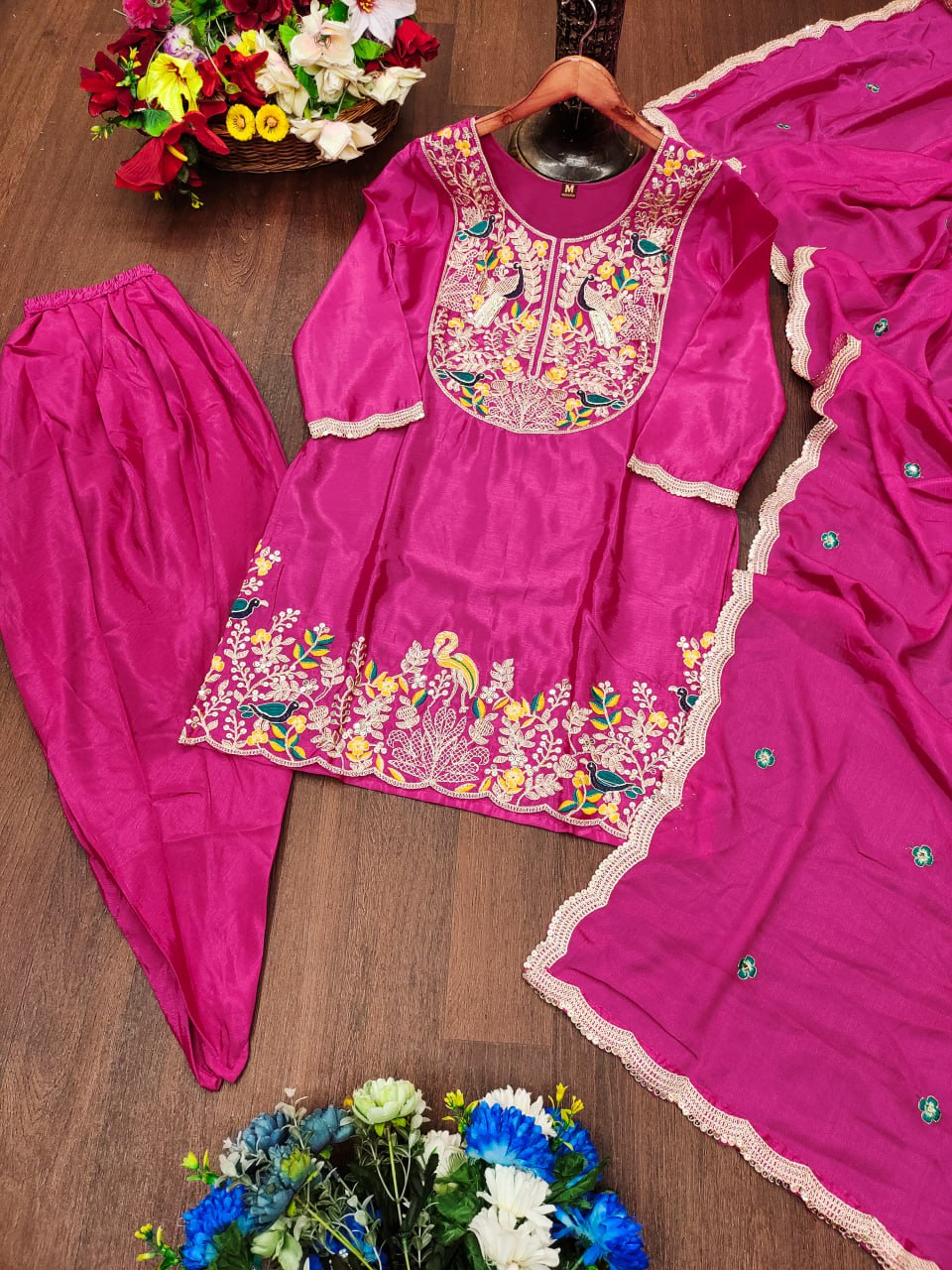 Prazu Fashion Pink Chinon Silk Embroidered Dhoti Style Suit