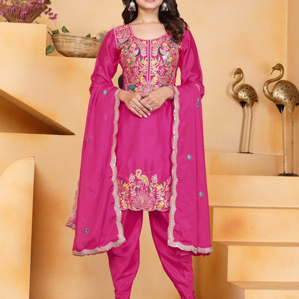 Prazu Fashion Pink Chinon Silk Embroidered Dhoti Style Suit